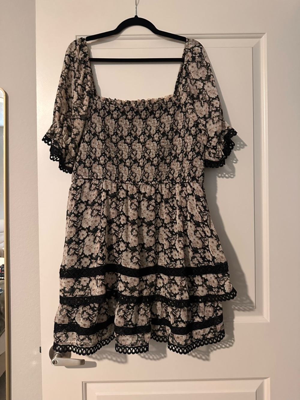 ARULA Black and Cream Floral Smocked Top